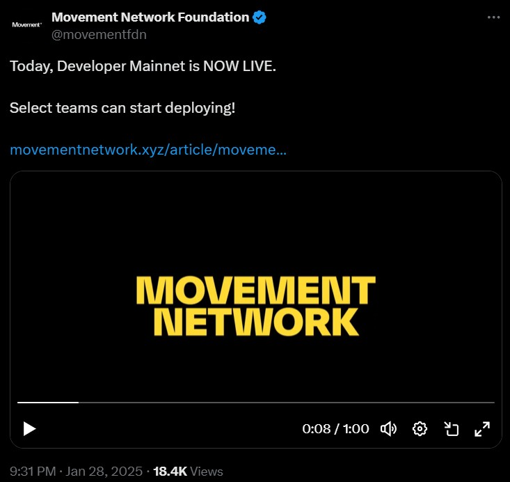 Movement Network Foundation goes live on mainnet