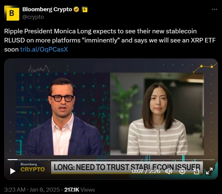 Ripple President Monica Long talks about Stablecoin Listings, Expansion and XRP ETFs on Bloomberg crypto