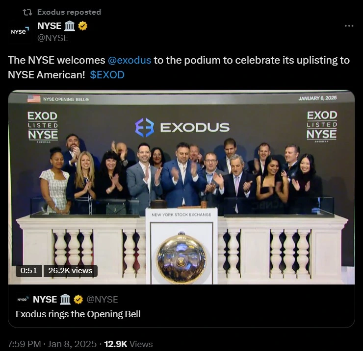 Exodus listed on NYSE and celebrates listing by ringing the opening bell 