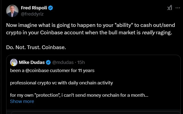 Fred Rispoli weighs in and warns users to not trust Coinbase