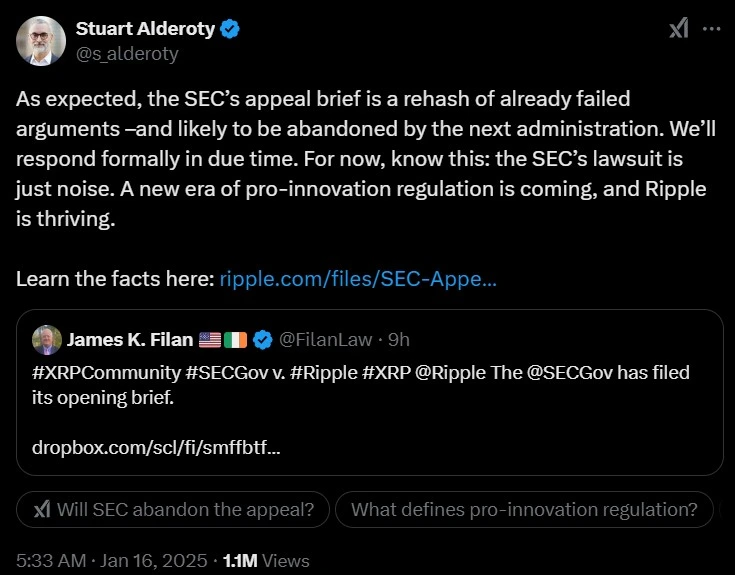 Ripple's CLO Stuart Alderoty comments about the SEC vs. Ripple case being dropped