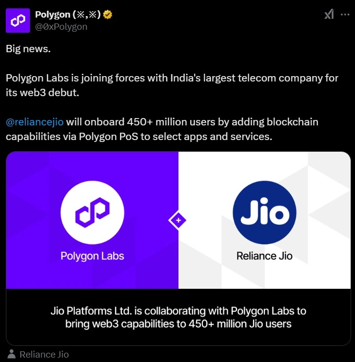 Polygon and Jio announce partnership to integrate in Web3 space