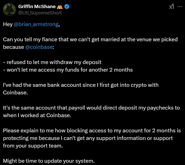 Ex-Coinbase Employee Griffin McShane raises his concerns on X