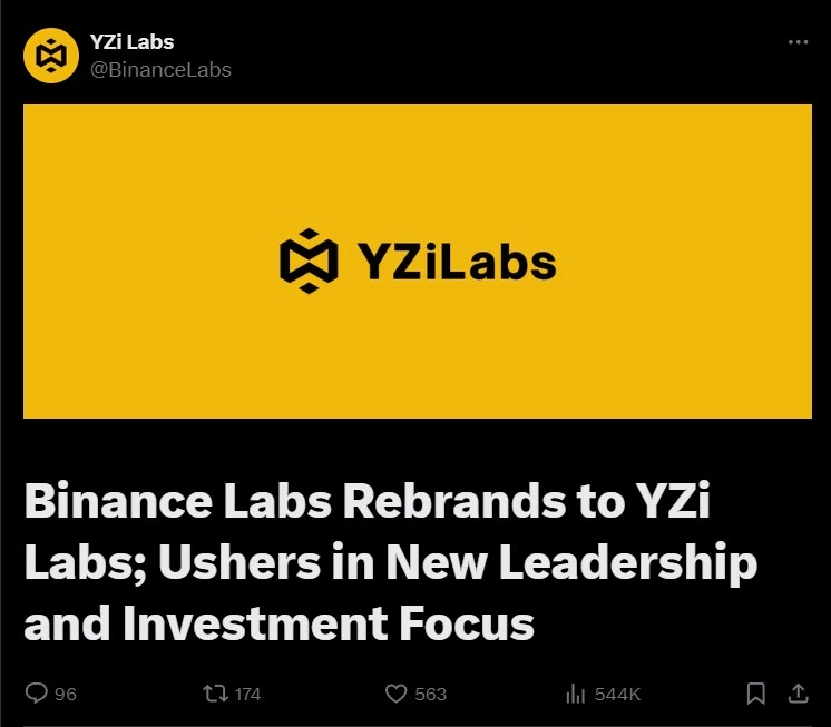 Binance Labs announces its rebranding to YZi Labs