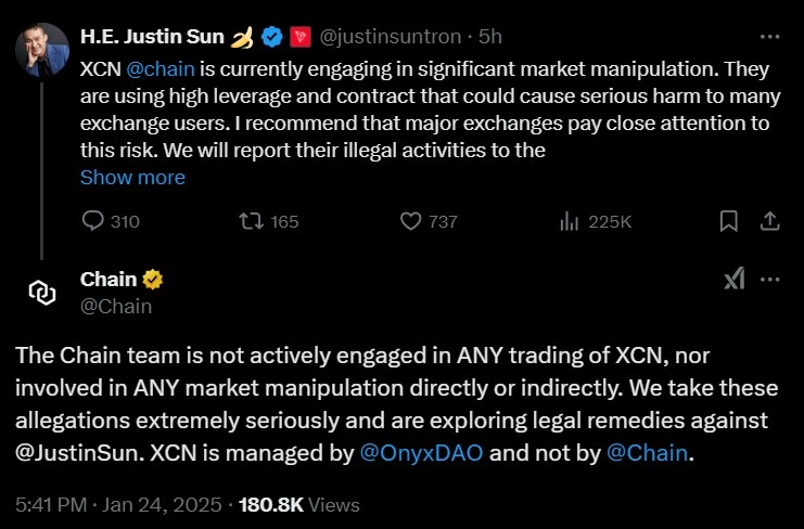 Justin Sun accused Chain of market manipulation to which Chain responded back on X