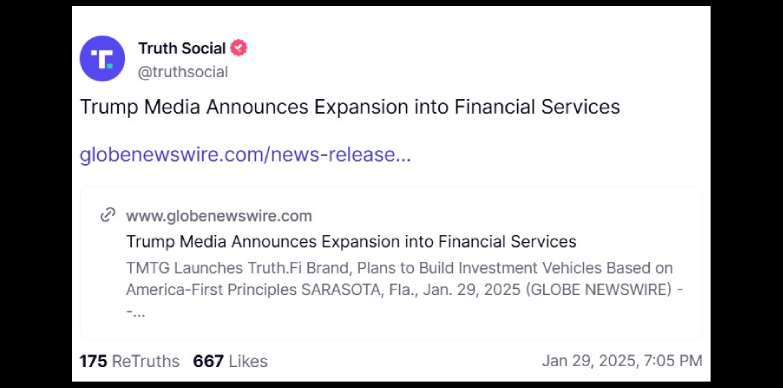 Trump Media announces expansion into financial services on Truth Social