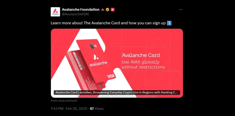 Avalanche Foundation announces launch of the Avalanche card on X