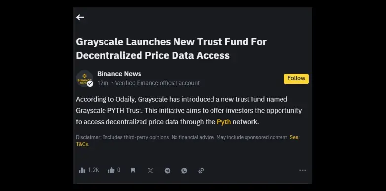 Binance News reports Grayscale launching Grayscale PYTH Trust