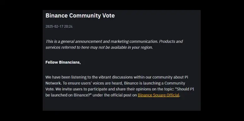 Binance holds community voting for Pi Network listing