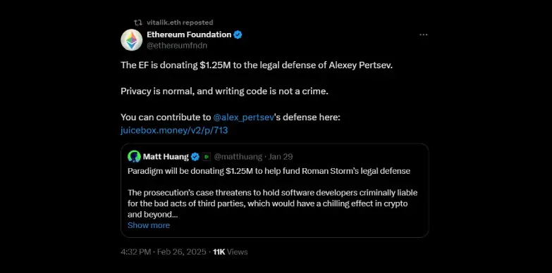 Ethereum Foundation announces plans to donate legal funds to Alexey Pertsev