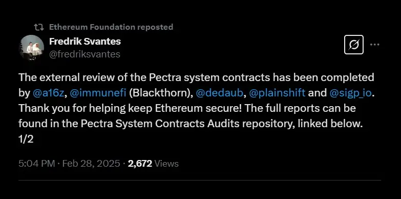 Ethereum's Pectra audit complete as announced by Fredrik Svantes, Protocol Security Research at Ethereum