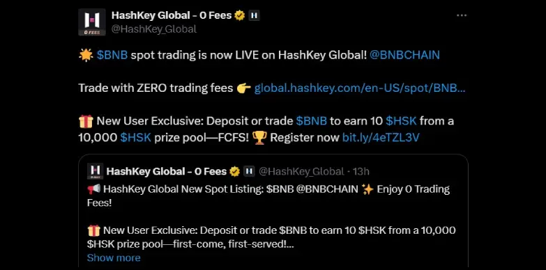 HashKey announces BNB listing