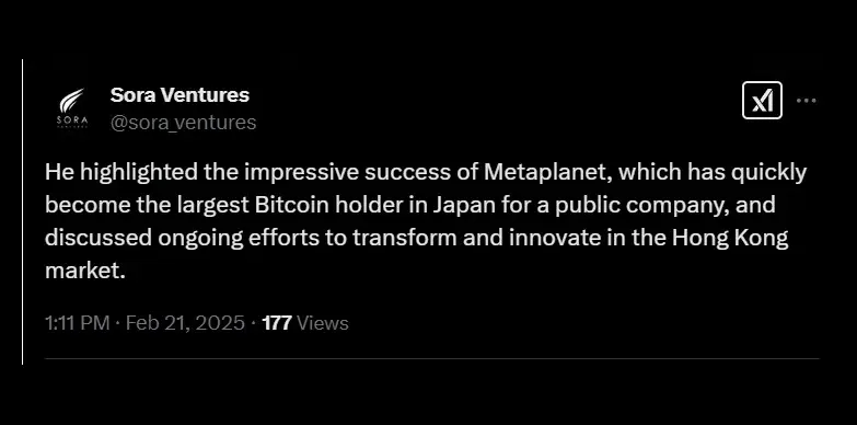 Sora Ventures puts forward success story of Metaplanet