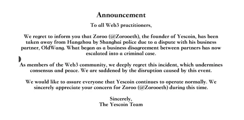 Yescoin team made the announcement through X