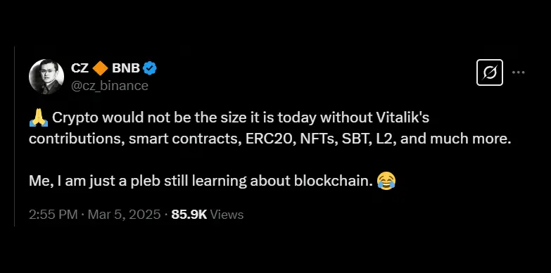 CZ admires Vitalik Buterin's contribution towards the blockchain industry