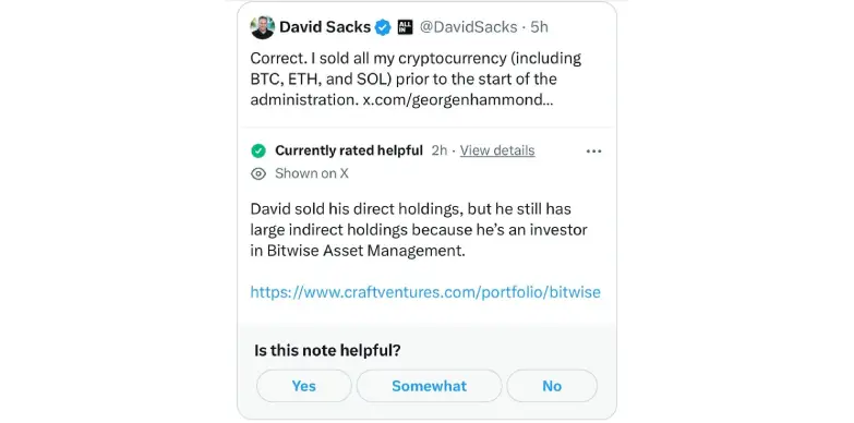 Community note suggesting that David Sacks is an investor for Bitwise