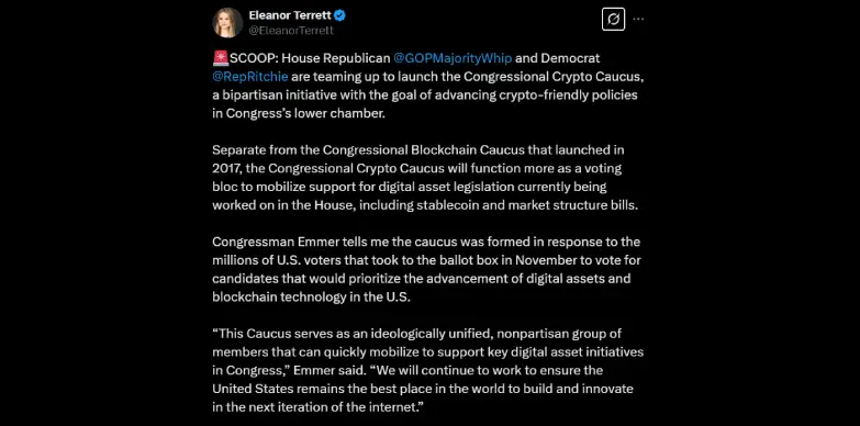 Eleanor Terrett reports formation of Congressional Crypto Caucus