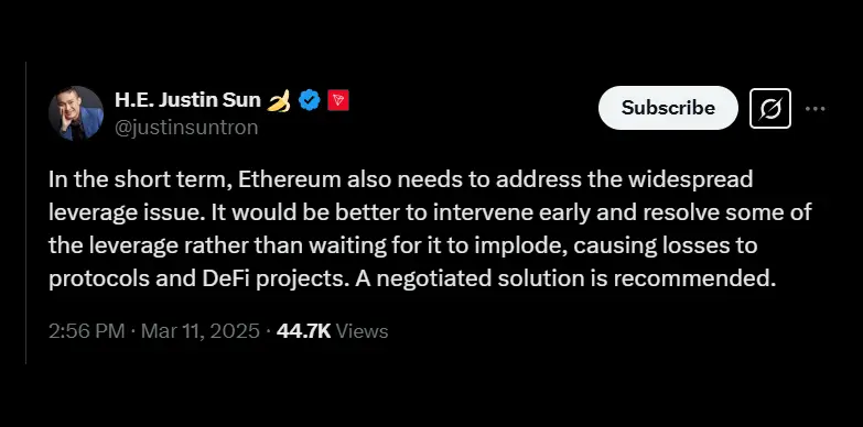 Justin Sun talks about Ethereum's ongoing leverage issues on social media X