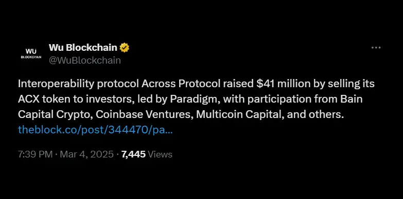 Wu Blockchain cites Across Protocol raising $41 million in funding